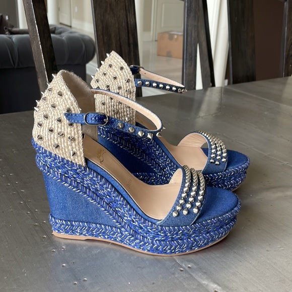 Christian Louboutin madmonica denim beige sandal wedge espadrille 120mm sz 38 - Picture 2 of 13
